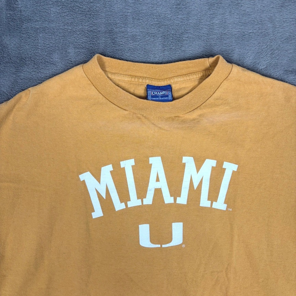 Vintage Champs Sports T-Shirt Mens L Yellow Miami Hurricanes USA Cotton Tee - Picture 3 of 8